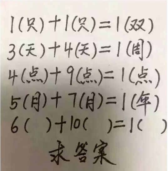 1只+1只=1双 3天+4天=1周答案是什么？ 3天+4天=1周 6+10答案详解